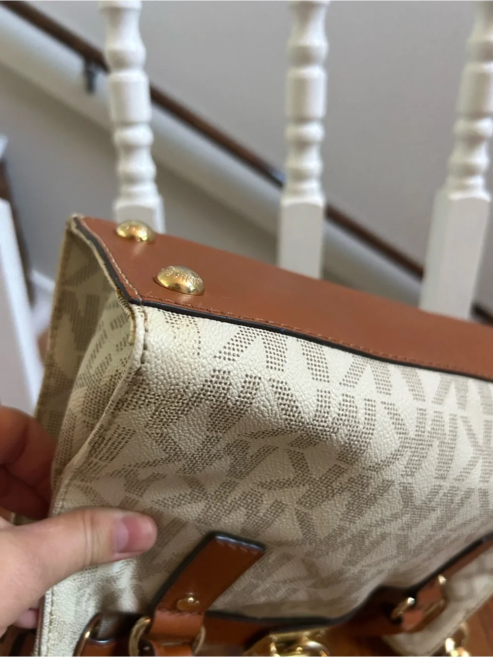 Michael Kors Cream and Tan Logo Satchel with Gold Hardware